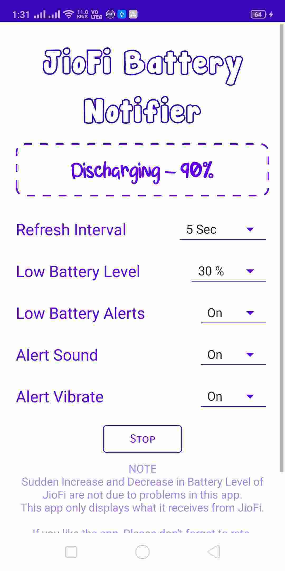 JioFi Battery Notifier screenshot
