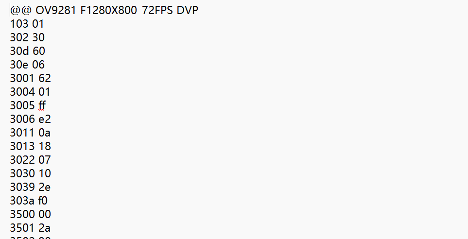 OV9281 DVP Format Register Configuration screenshot
