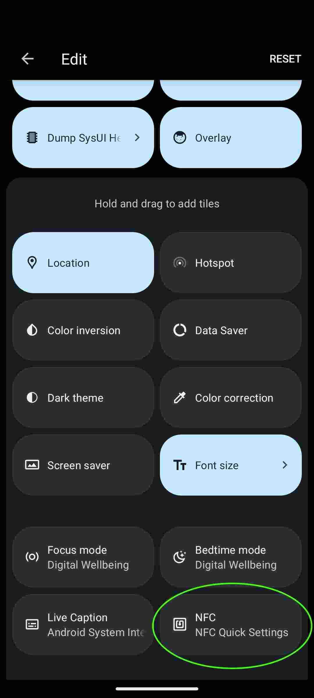 NFC Quick Settings screenshot