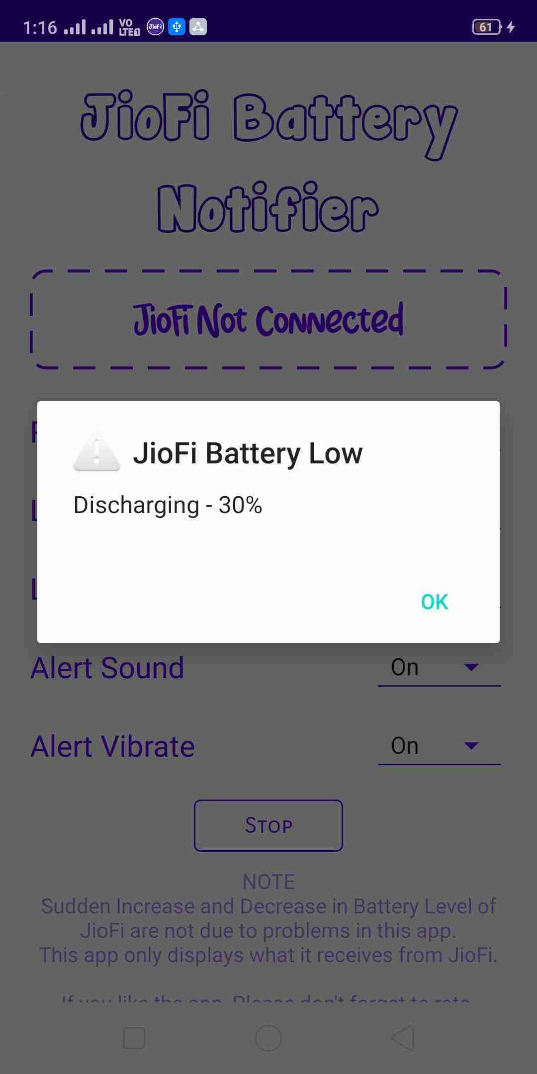 JioFi Battery Notifier screenshot