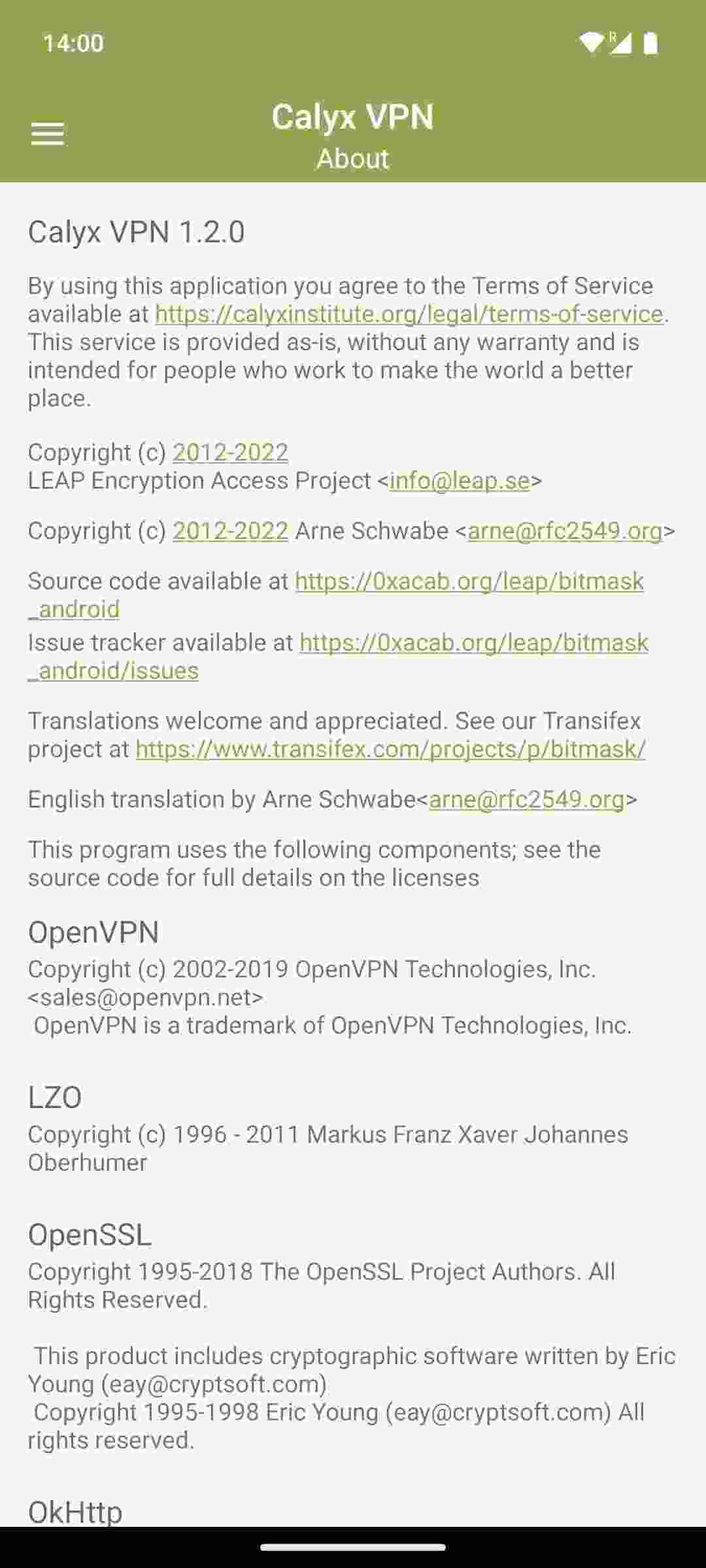 Calyx VPN screenshot